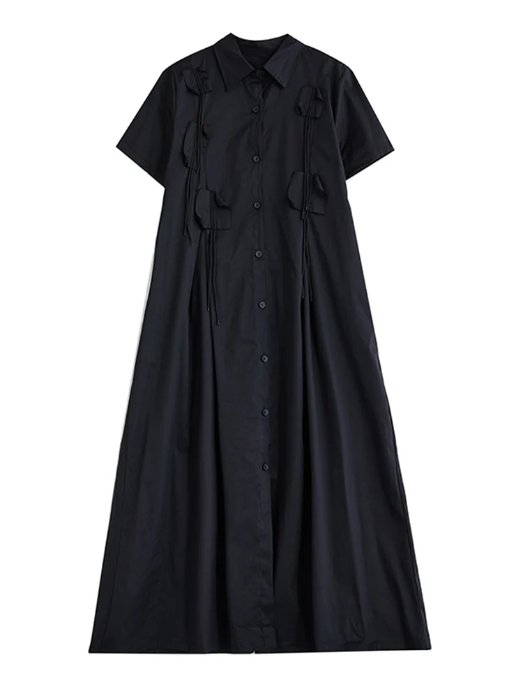 Black Vintage Spliced Shirt Dresses For Women Korean Fashion Short Sleeve Loose Casual Dress Elegant Clothing New Summer 2025