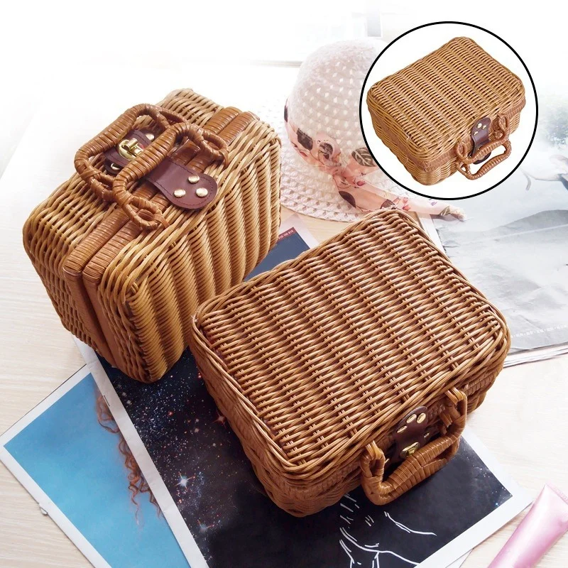 

Portable PP Rattan Baskets Picnic Storage Basket Retro Wicker Suitcase Woven Hand Gift Box Sundries Cosmetic Organizer Boxs