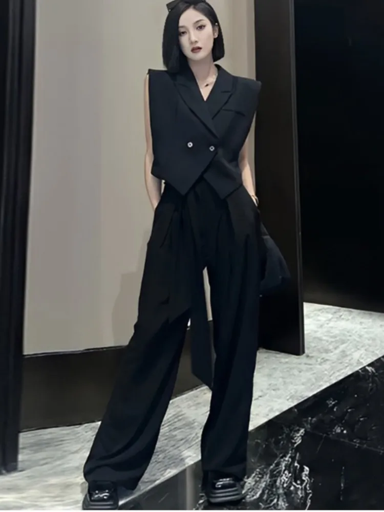 

Korean Fashion Elegant Women's Two Sets 2025 Chic Summer Turn-Down Streetwear Design Vest High Wasit Pant New In Matching Set