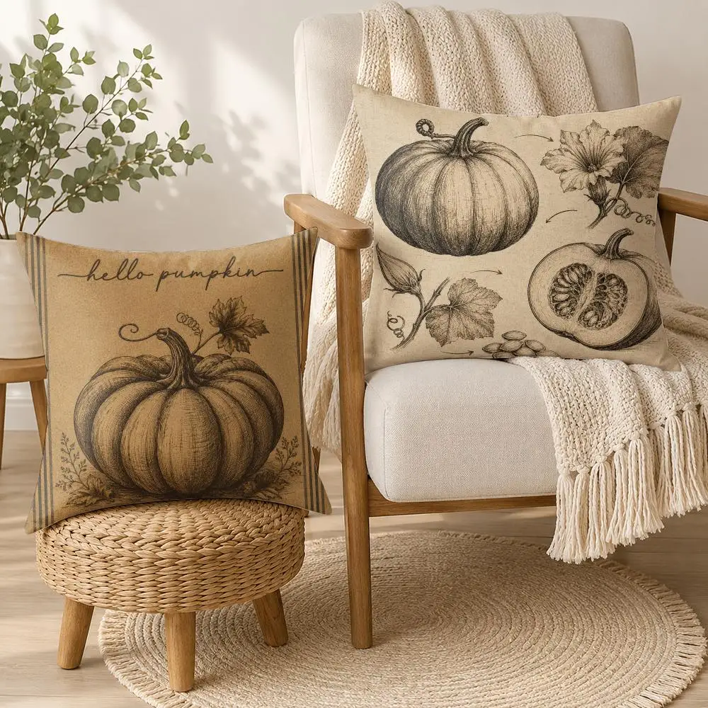 Rustic Pumpkin Sketch Cushion Cover Soft Plush Cushion Case Throw Pillowcase Cozy Home Sofa Bed Living Room Bedroom Decor
