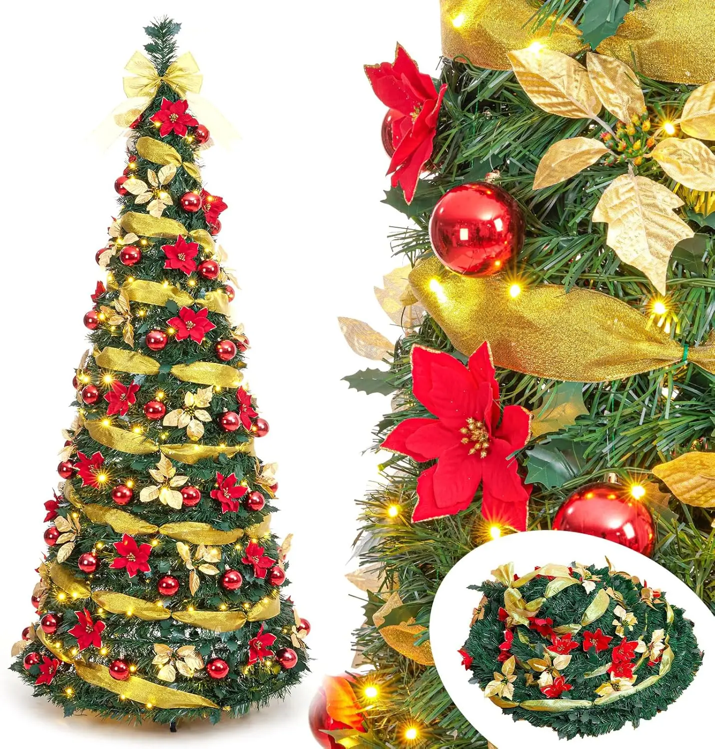 Christmas Tree with Remote Control, with Warm White & Colorful LED Lights,Holiday Party Decorations,Red Gold