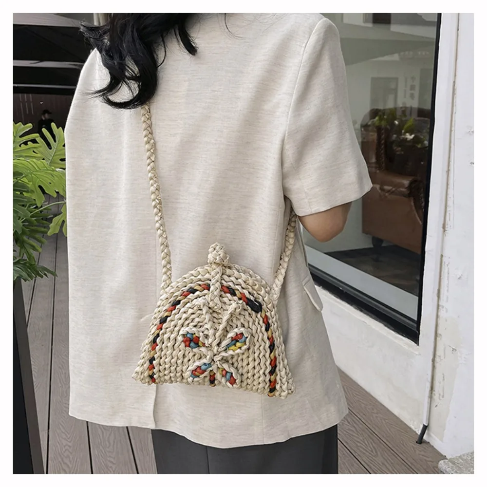 Straw Woven Shoulder Bag Messenger Bag Girl Travel Beach Bag Drawstring Bucket Bag Mini Key Lipstick Bag Coin Purse Bag