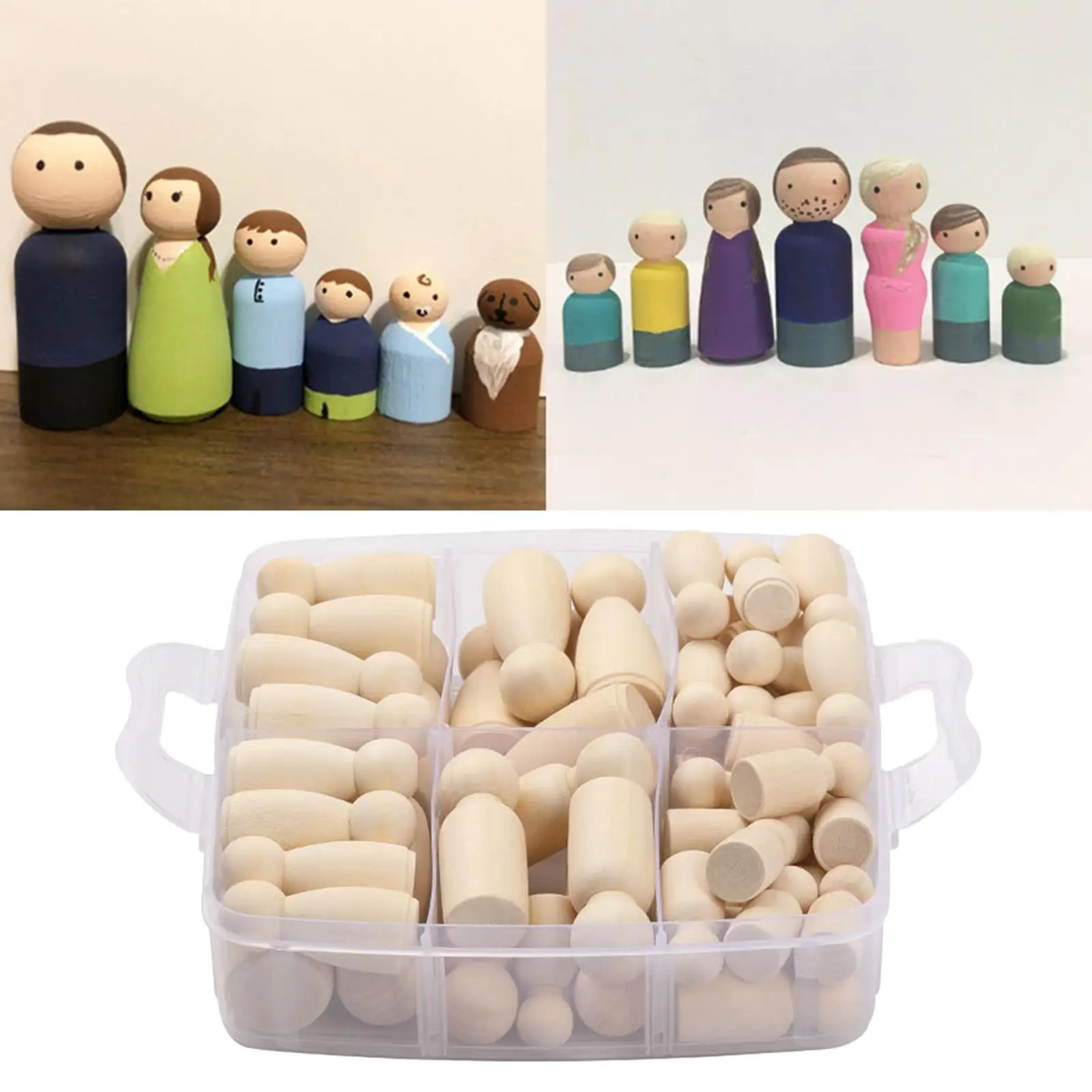 50pcs/set Smooth Blank Peg Doll People Shapes Wooden DIY Figures Ornament Crafting Making Dolls with Storage Case