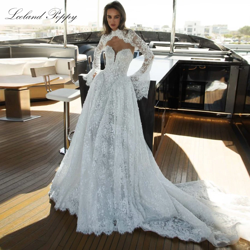 Lceland Poppy Customized Strapless A Line Lace Wedding Dresses Floor Length Illusion Bridal Gowns with Lace Jacket