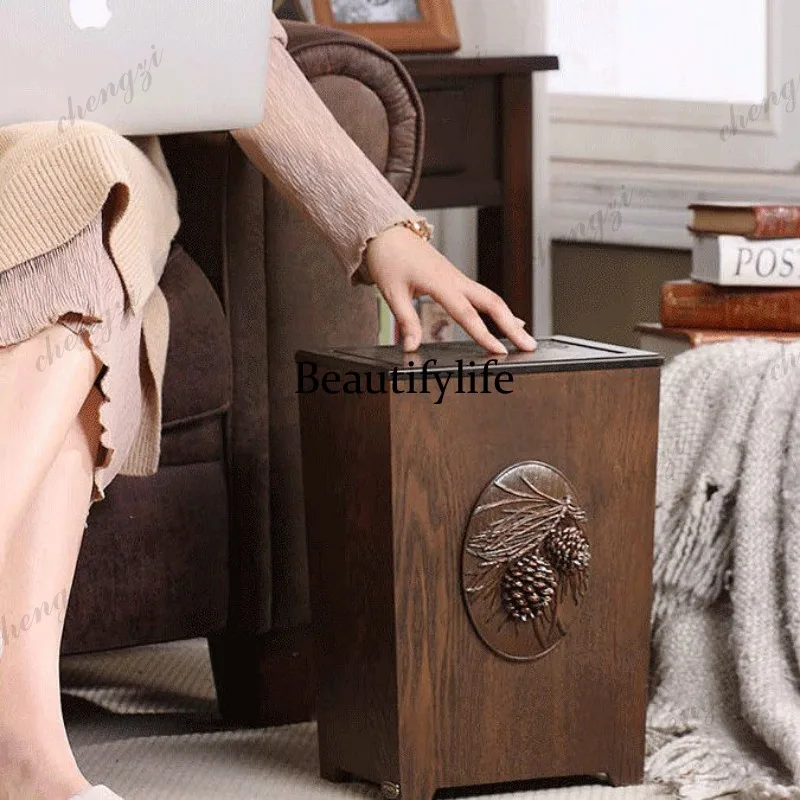 Trash Can Household Living Room Creative American Wood with Lid Trash Can Office Bedroom Kitchen Dining Room Flip Trash