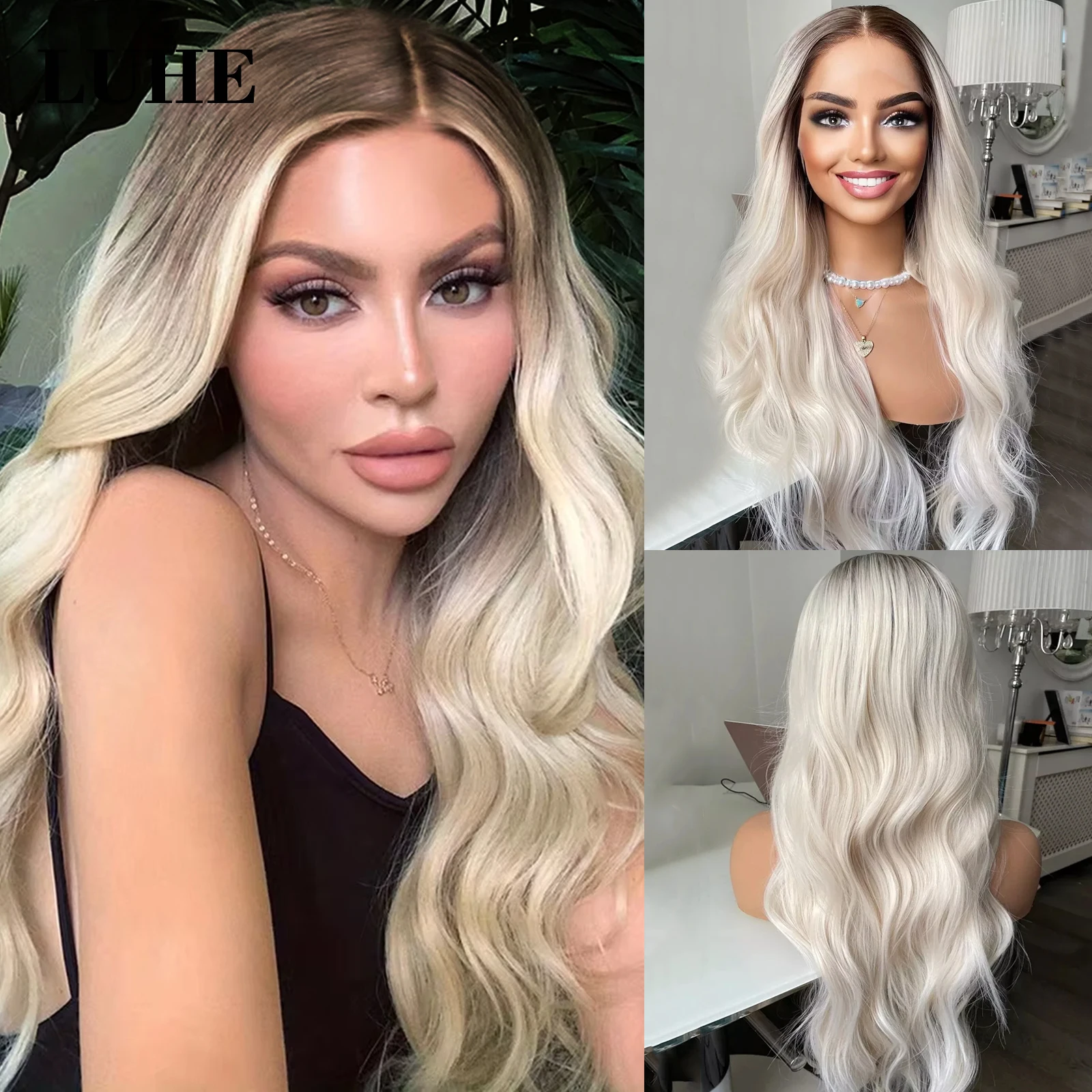 Long Wave Platinum Ombre Blonde Dark Roots Colored Wig 13x3 Lace Front Wigs for Women Natural Wavy Lace Frontal Wig Daily Use