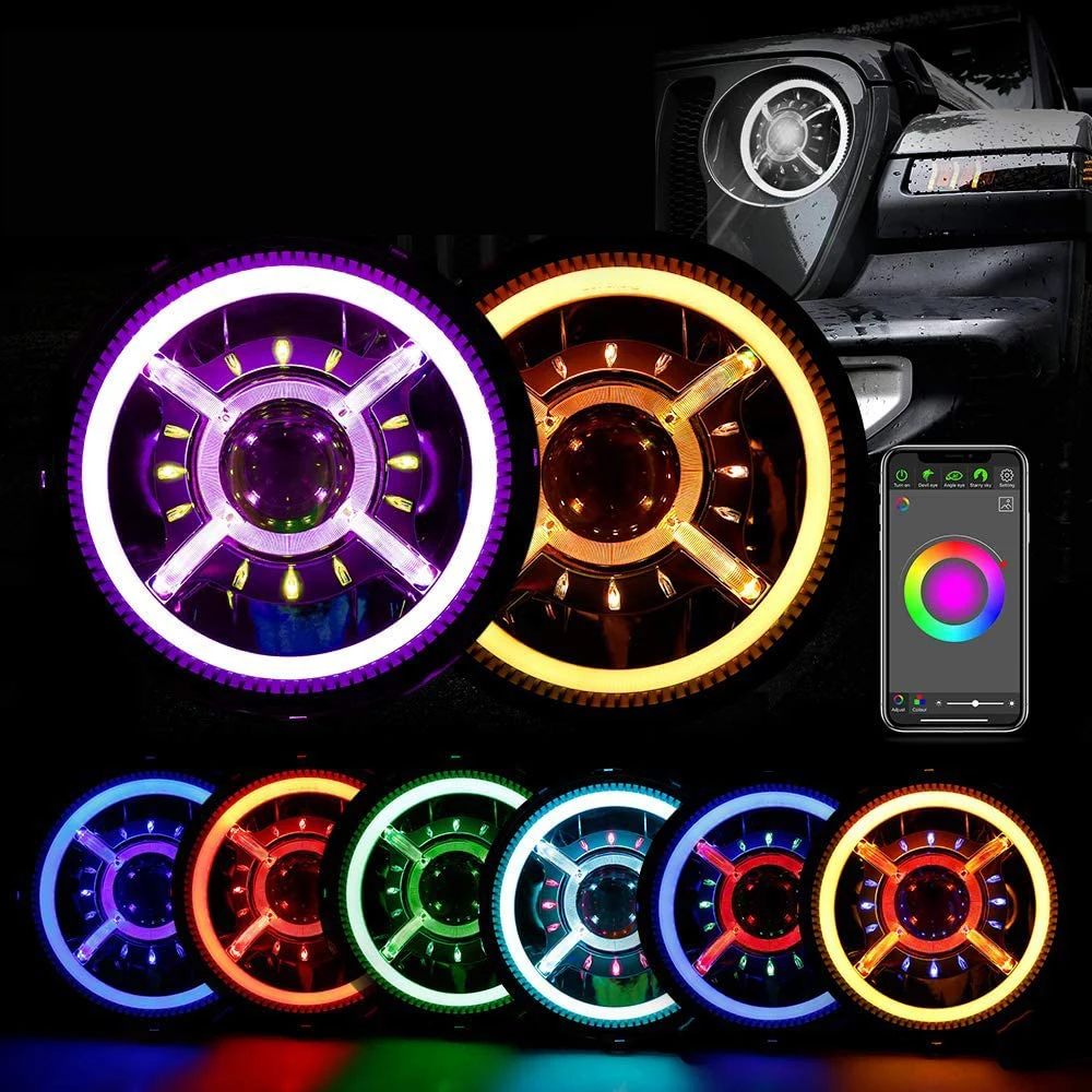 

Bluetooth DRL Angle RGB Halos 9 "круглые RGB светодиодный фары, замена для Jeep Wrangler JL JLU Sport Rubicon Sahara