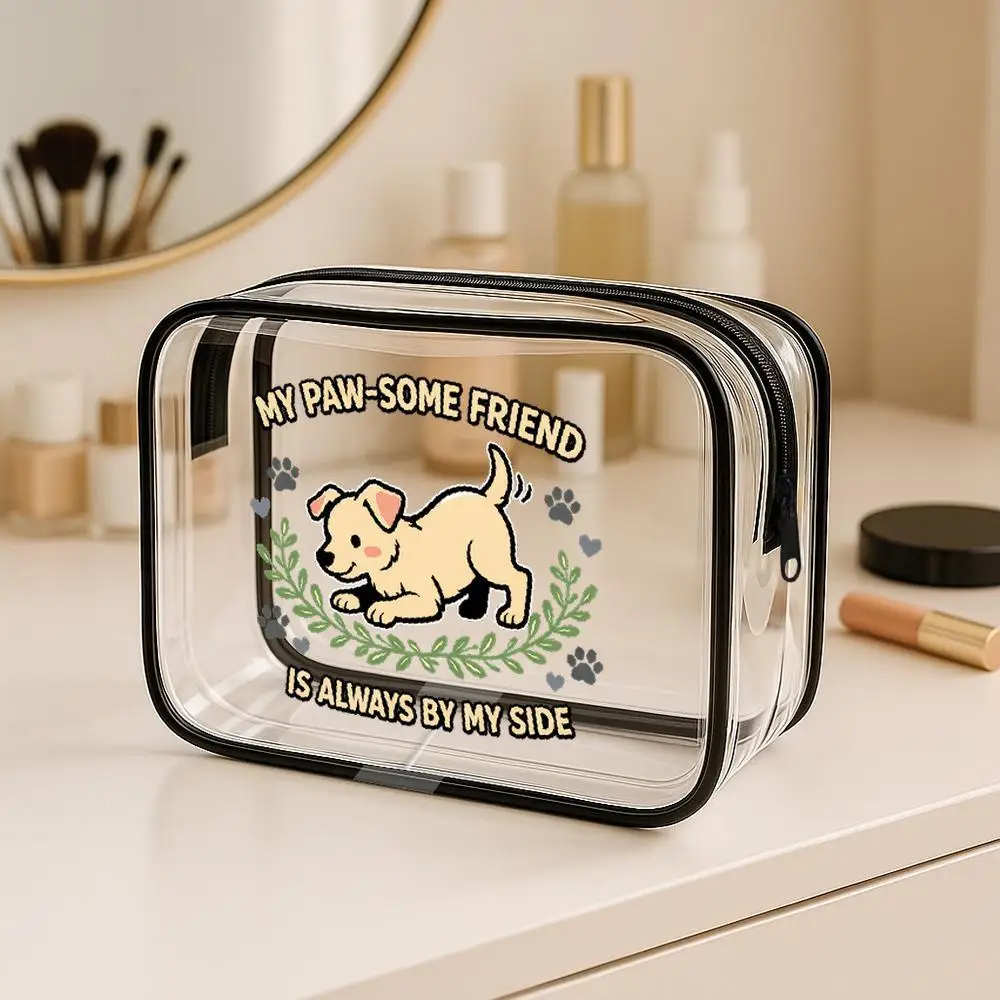 Clear PVC Zippered Cosmetic Bag Suitable For Travel Daily Use Kawaii Puppy Paw Print Makeup Organizer With Green Branch Hear