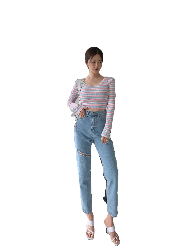 Retro Waed High Waist Women's Jeans Cut out Hole Nine Point Long Leg Lengthening Slimming Matched with Frayed  Capri Pants