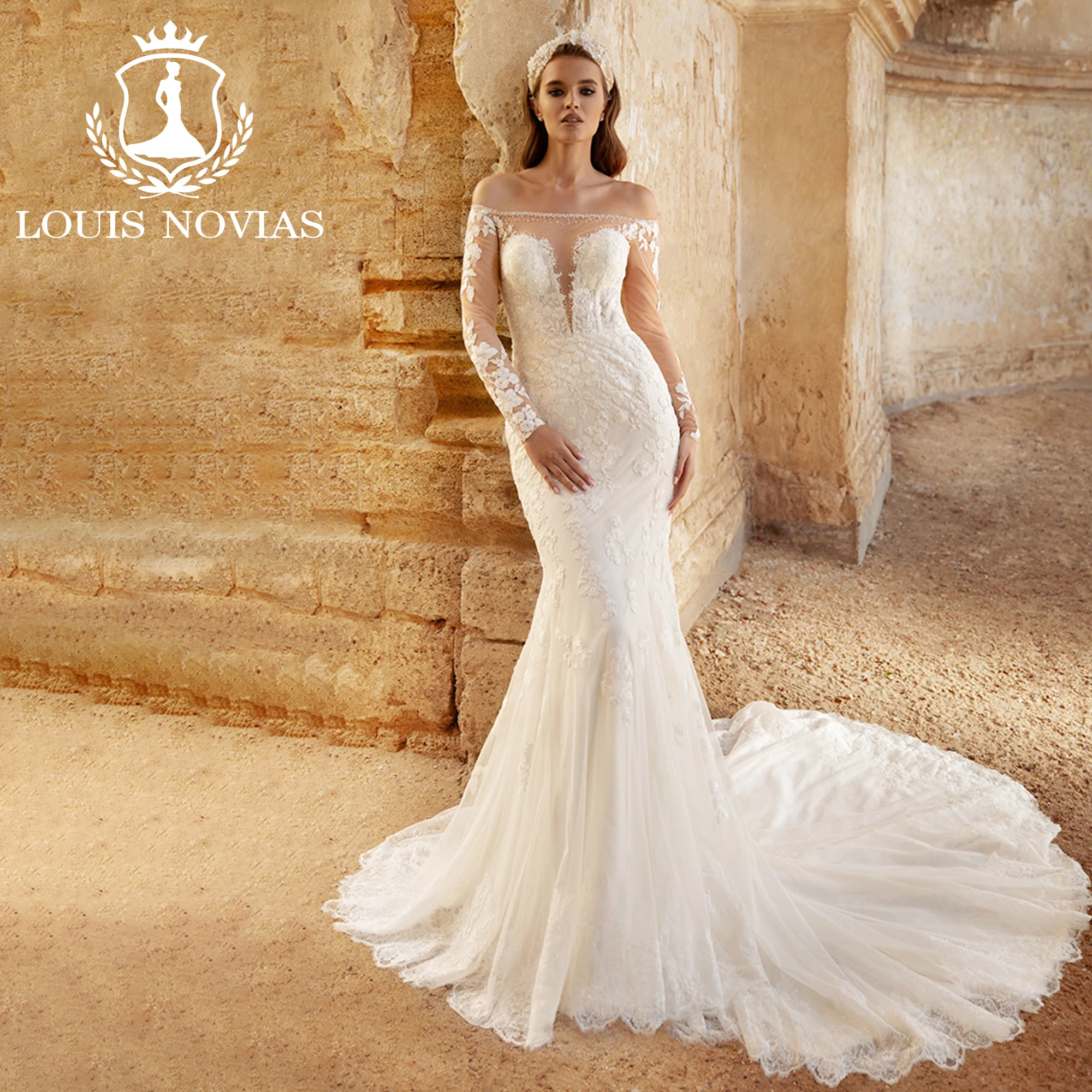 

LOUIS NOVIAS Long Sleeve Mermaid Wedding Dress Sexy Boat Neck Exquisite Embroidery Button Fairy Wedding Gown Vestidos De Novia
