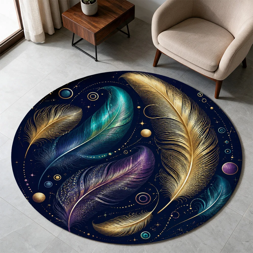 Elegant Peacock Feather Design Round Area Rug for Living Room Boho Chic Home Decor Accent Mat