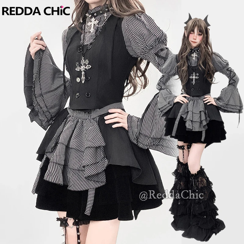 

REDDACHiC Lotus Ruffled Blouse Waistcoat Skirt Women Set Lolita Gothic Striped Top Petticoat Mini Velvet Skirt Victorian Costume