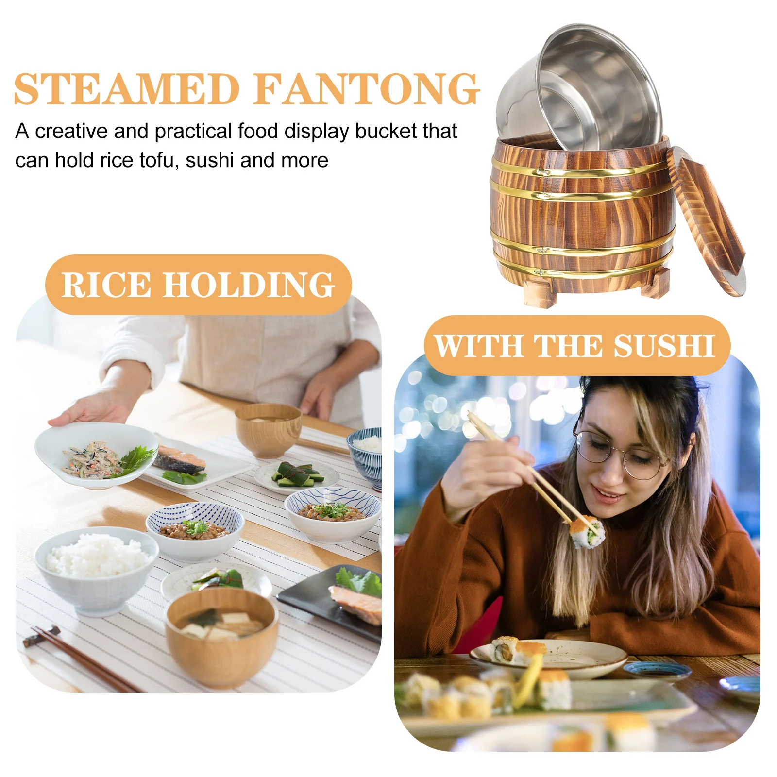 

1Set Wooden Steamed Rice Bucket Premium Material Rice Container for Household Restaurant Kitchen Multi-Function Food Storage