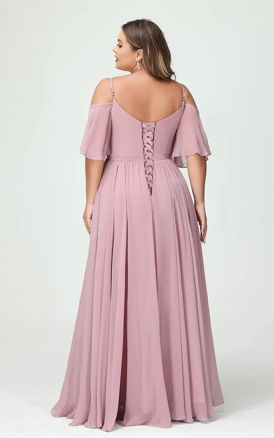 Elegant Women Plus Size Bridesmaid Dress with Slit Cold Shoulder Chiffon Formal Party Dresses with Pockets wedding evening