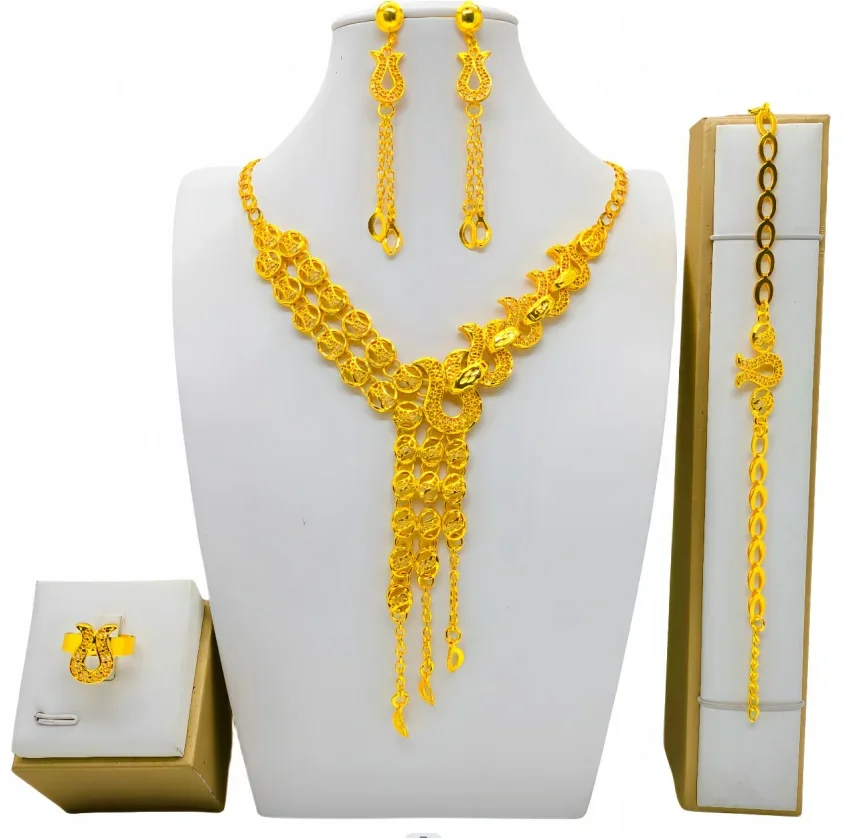 

Fashion Indian Dubai Gold Color Tassel Jewelry Set For Women Bridal Long Necklace Set Nigerian Choker Necklace Wedding Sets