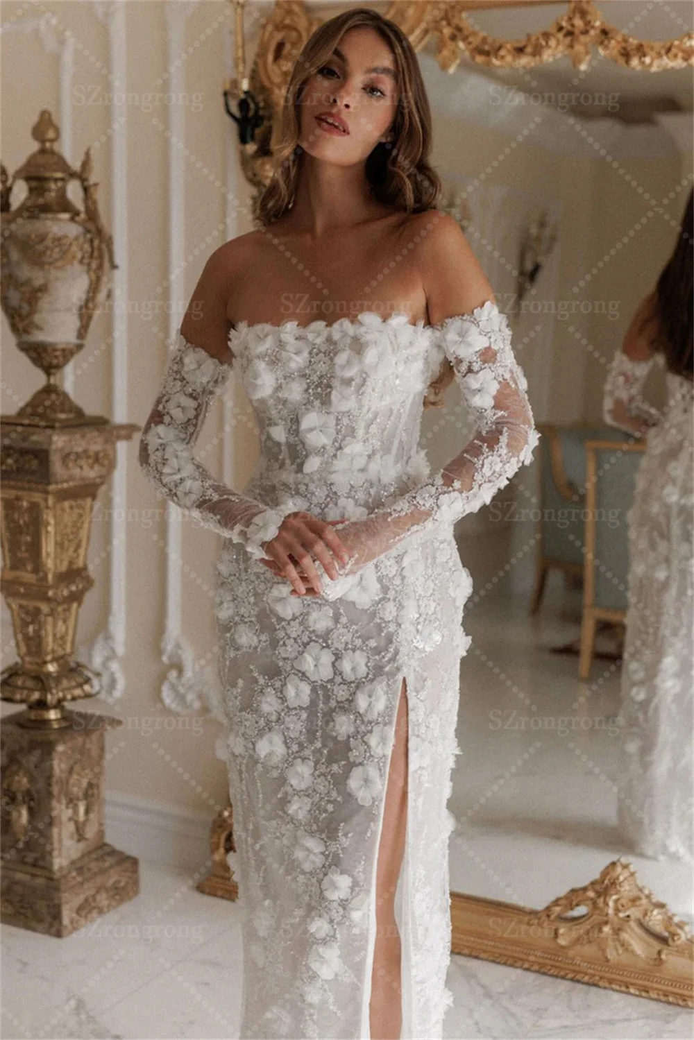 Vestido de novia elegante con cuello barco, encaje Floral, manga 3/4, abertura lateral, con cordones en la espalda, vestido de novia bohemio largo personalizado