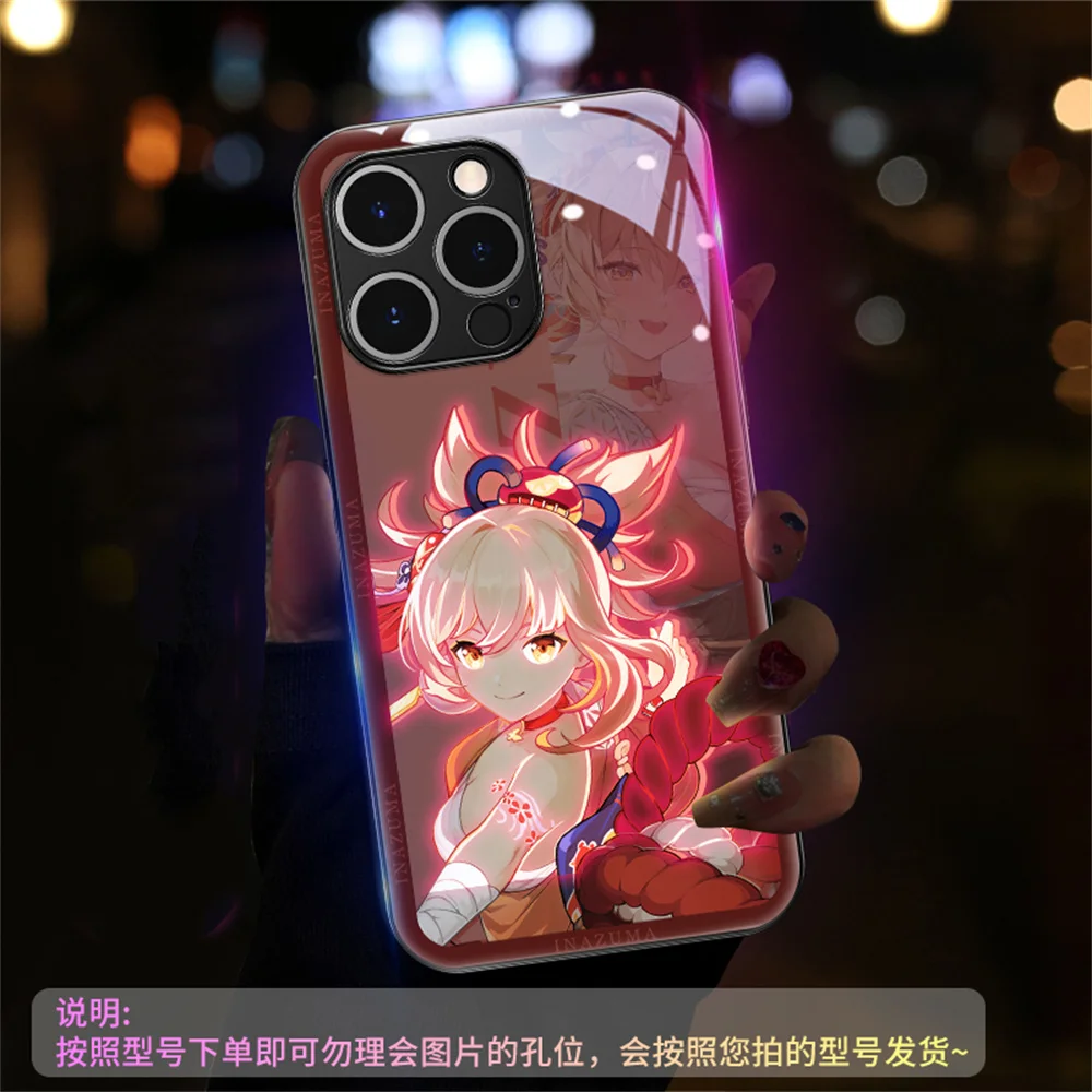 Cool Genshin Cartoon Pattern Smart LED Light Glow Tempered Glass Phone Case For iPhone Air 17 16 15 14 13 12 11 Pro Max Plus view 3