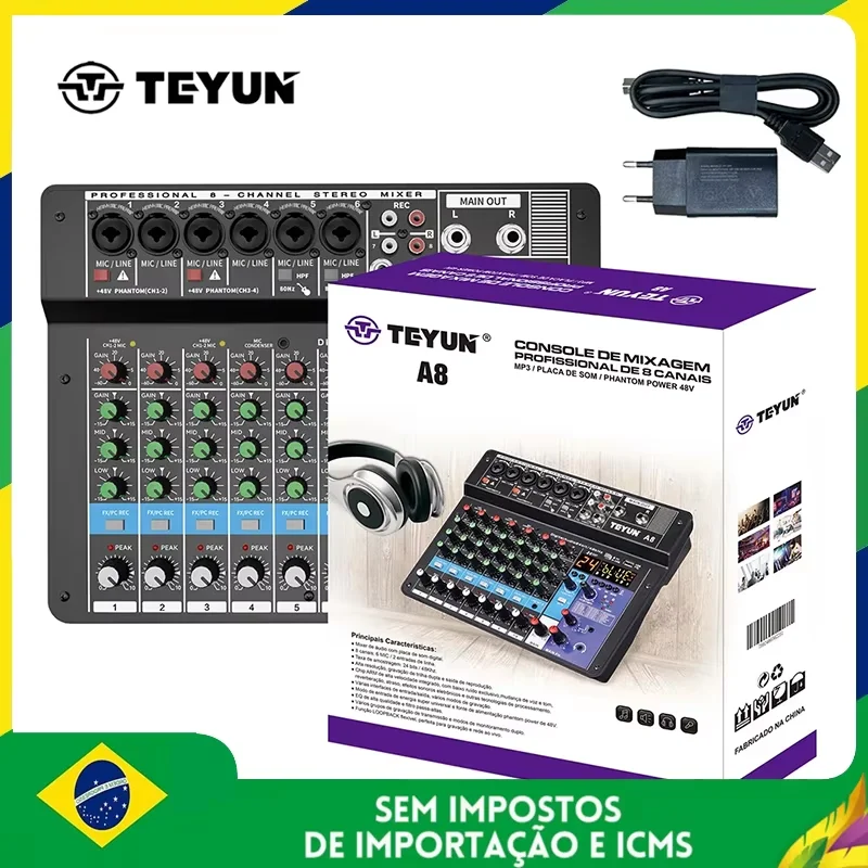 TEYUN 8 Channel Audio Mixer Professional Portable Mixer Sound Table Board Digital MP3 Computer Input 48v Power Number A8