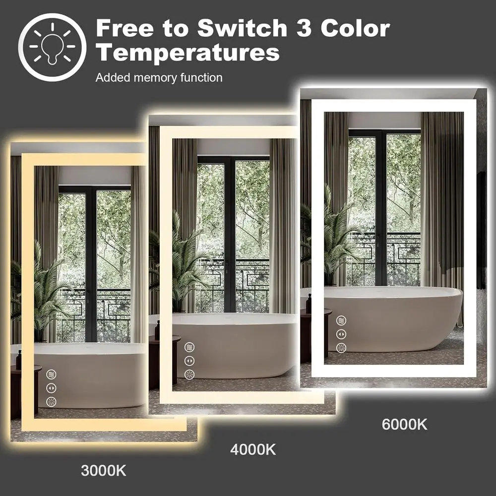 Espejo de baño iluminado por LED 20x28 con antivaho, inastillable, iluminación de 3 colores, espejo de tocador de montaje en pared