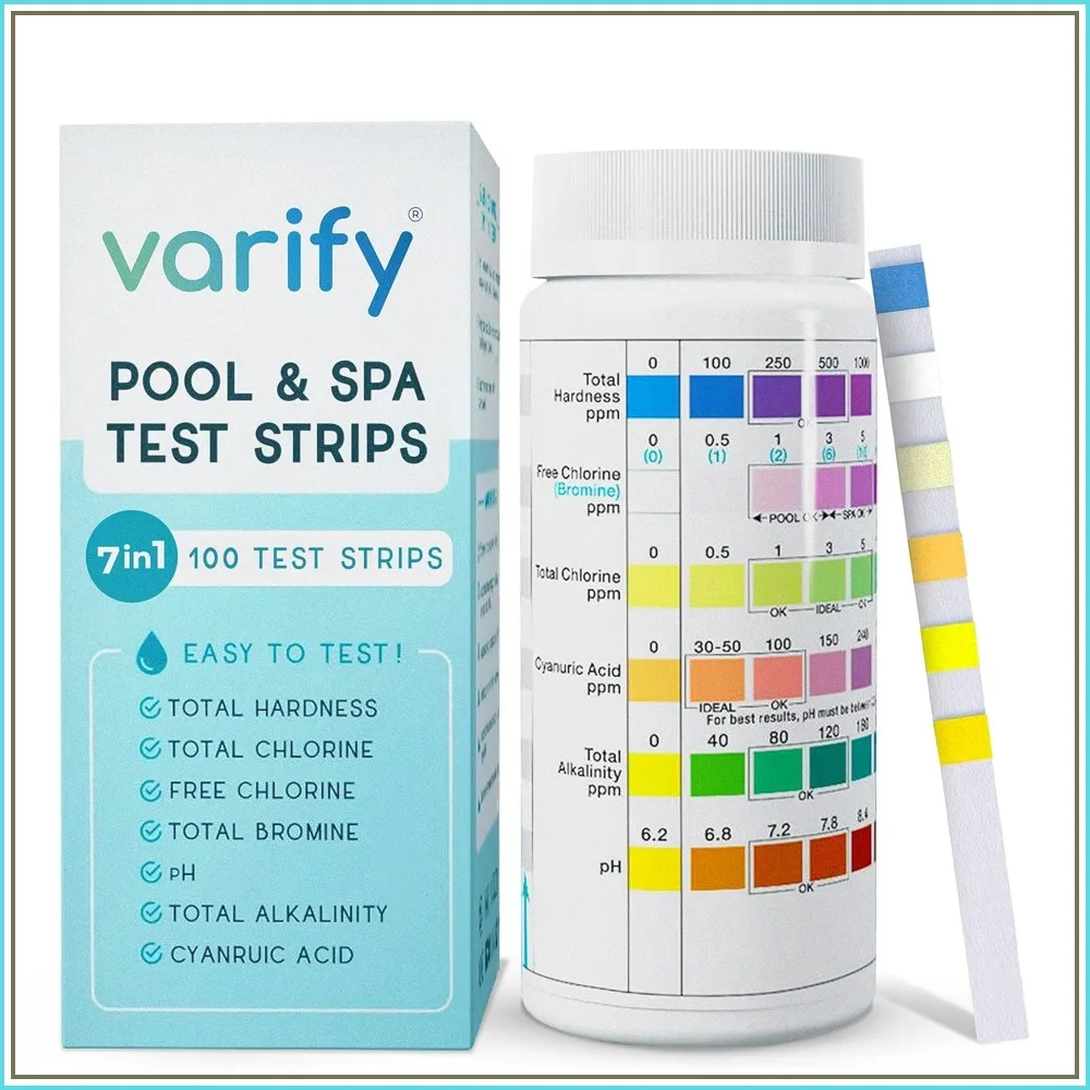 7 in 1 Pool and Spa Test Strips - Easy Water Testing Kit for Pool, Spa, Hot Tub - Chlorine, Bromine, pH, Alkalinity, Hardness, Cyanuric Acid (100 Strips)
