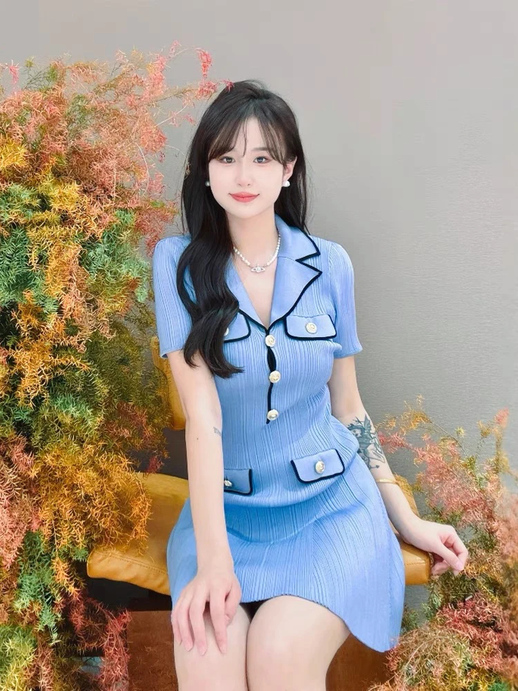 V-neck short-sleeved knitted dress temperament elastic slim-fit women's dress spring new mist A-word dresses vestidos para mujer