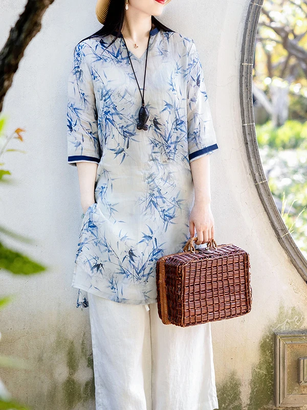 

New Chinese Style Large Size Fat MM Cotton Linen Sleeveless Shirt Women's Zen Tea Clothing Retro Fashion Commute Printed Loos...