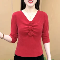 Women Autumn New V-neck Pullover T-shirt Commuting Fashion Upscale Flower Splicing Comfortable Soft Versatile Long Sleeved Tops