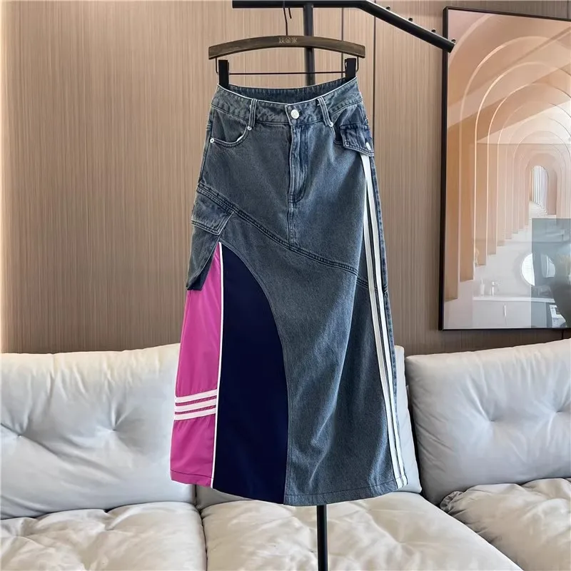 2024 American Spice Girl High Waist Denim Skirt Women\'s Summer European Casual Contrast Color Stitching A-Line Mid-Length Dress