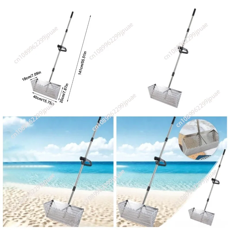 Beach Sand Filting Rake Stainless Steel Basket Sifter Beach Shovel Detachable 52inch Long Handle Sea Rake Tool