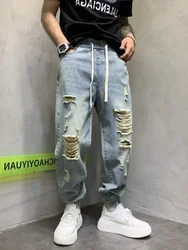 Male Cowboy Pants Torn Jeans For Men With Holes Broken Trousers Ripped Harem Light Blue Comfortable Stylish Clothes Y2k 2000s