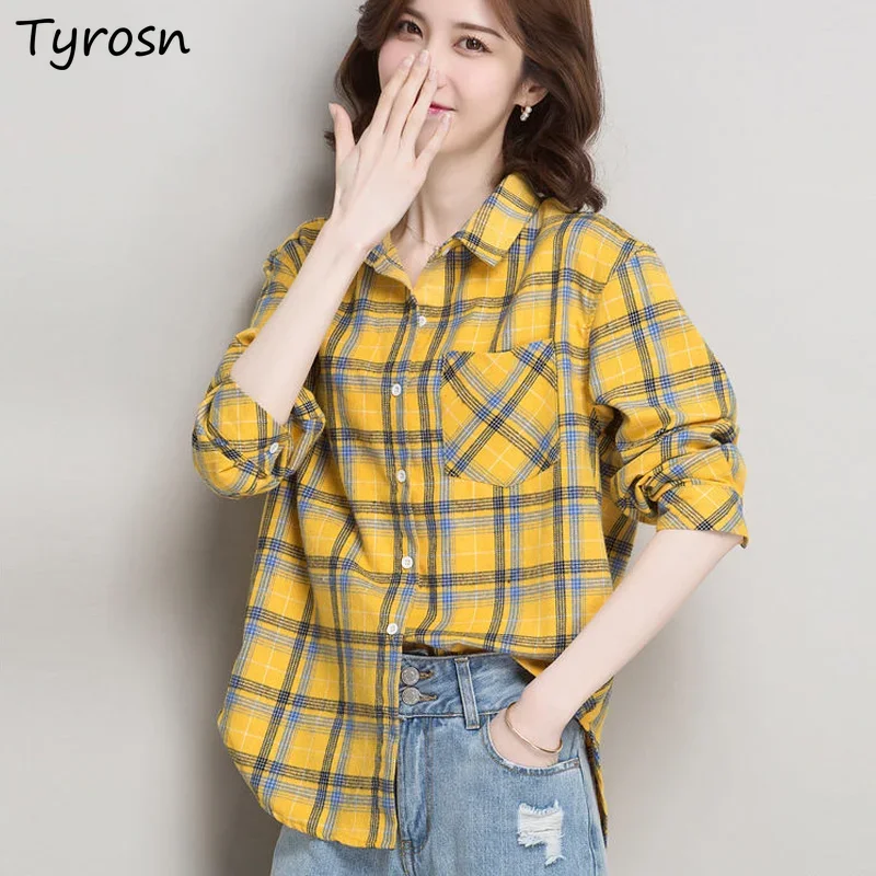 

Long Sleeve Shirts Women Office Lady All-match Plaid Ulzzang Classic Elegant Blouses Single Breasted Tops Vintage Sunproof Femme