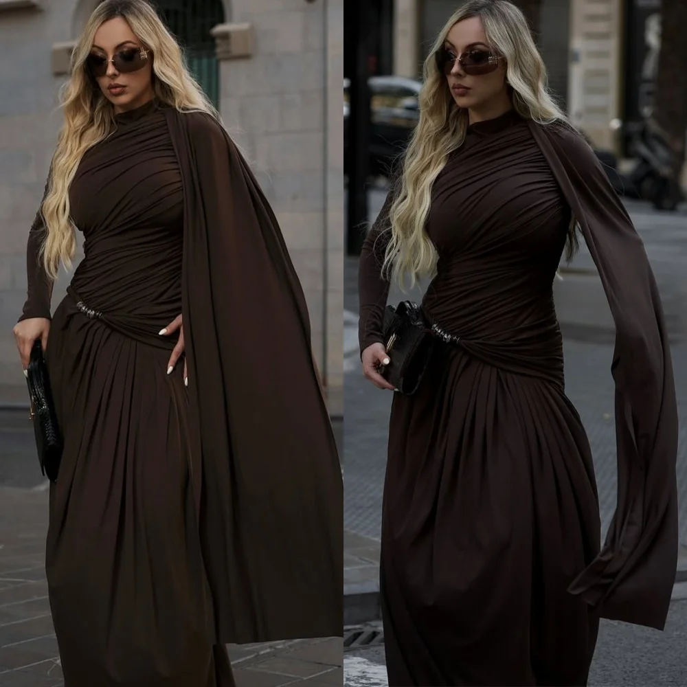 

Customized Formal Brown Jersey Evening Dress Classic Long Sleeves Homecoming Dresses Temperament Sweep Train Vestido De Festa