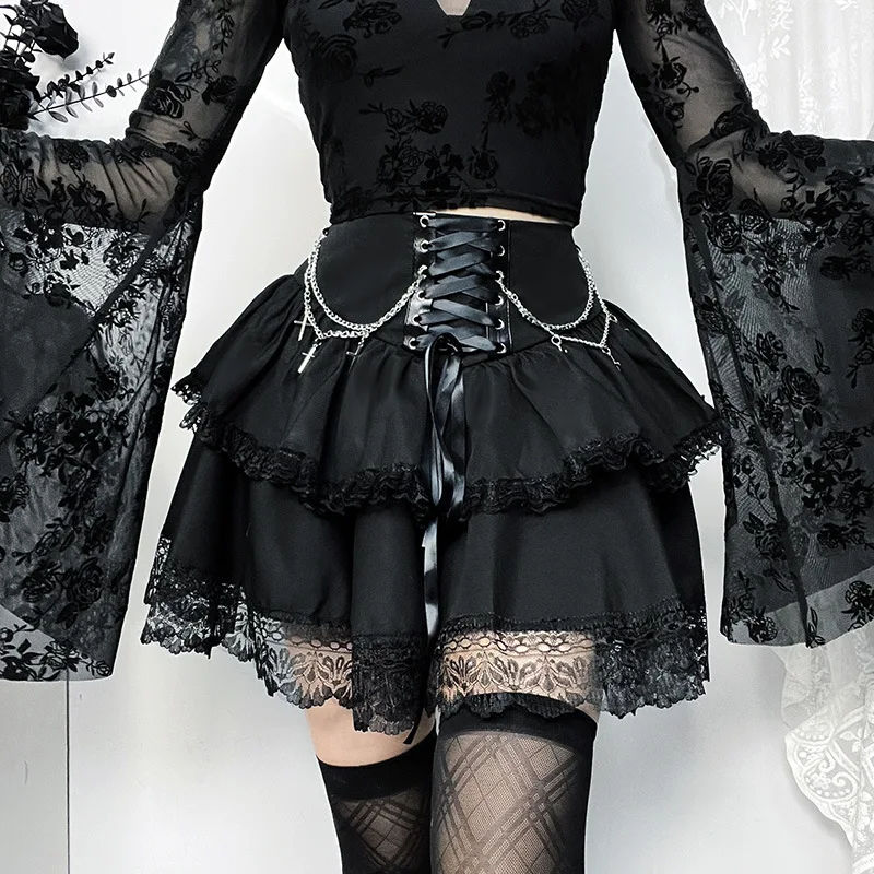 

Halloween Dark Gothic Skirt Women Vintage Streetwear Y2k Cyberpunk Chain Cross Lace-up Corset Skirt Harajuku Cake Skirt