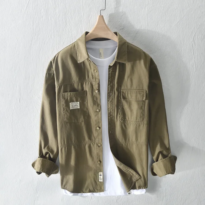 Spring Autumn Mens Long Sleeve Shirt Japanese Loose Cargo Shirt Men Tops Square Casual Pure Cotton Shirt Double Pockets Jackets