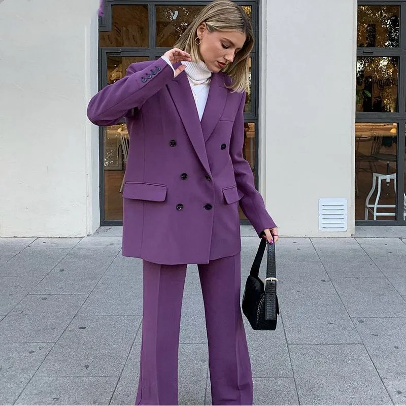 Loose Vintage Purple Women Blazer Suits Peaked Lapel Wide Legs Pants 2 Pieces Custom Made Double Breasted Casual Young Jacket