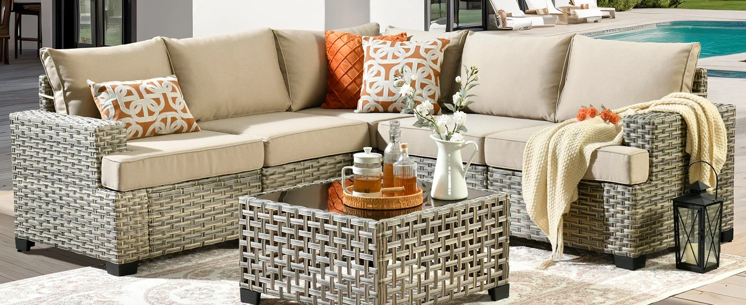 6 pcs outdoor sectional L shaped with Light table beige