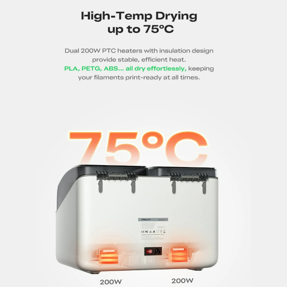 

Сушилка для нити Creality SpacePi X4L для всех 3D-принтеров, 4 катушки, многоцветная сушка, двойные независимые нагревательные камеры до 75 ℃