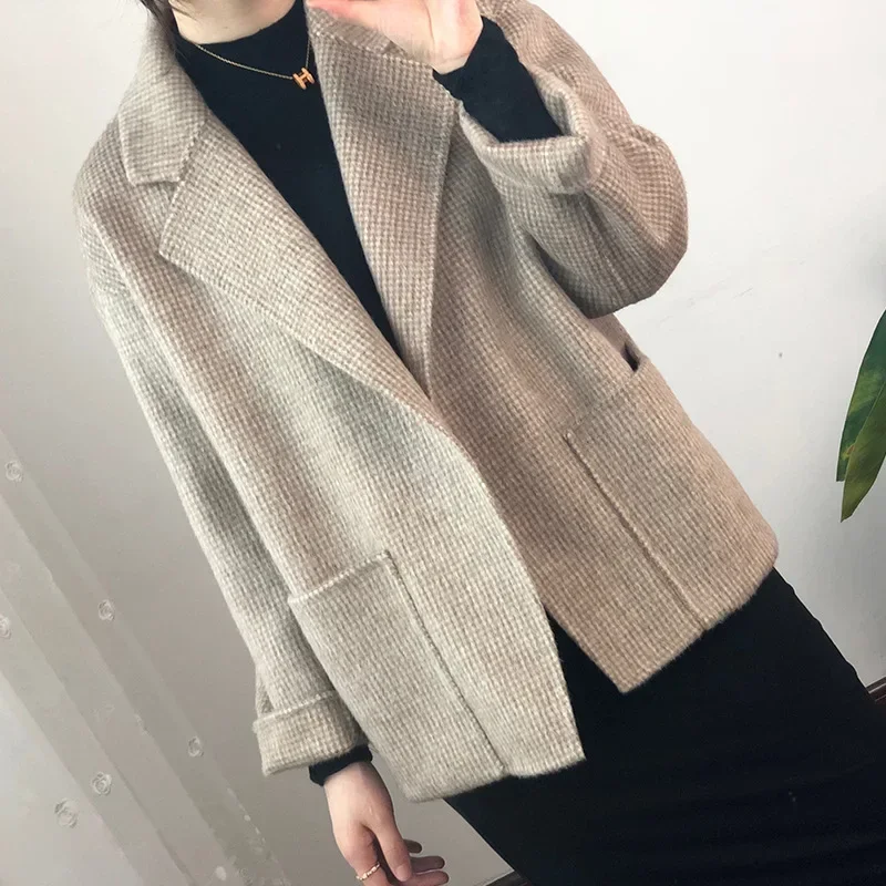 

version of double-sided cashmere coat women's thousands of birds checked wool coat