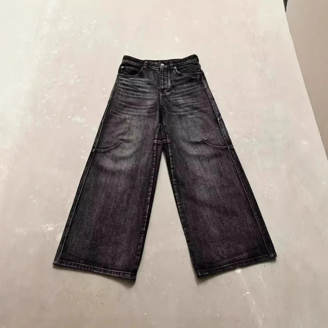 Washed Black Grey Straight Leg Jeans Vintage Hip Hop Trendy Brand Early Autumn Wide Leg Long Pants Cross-Border High Street