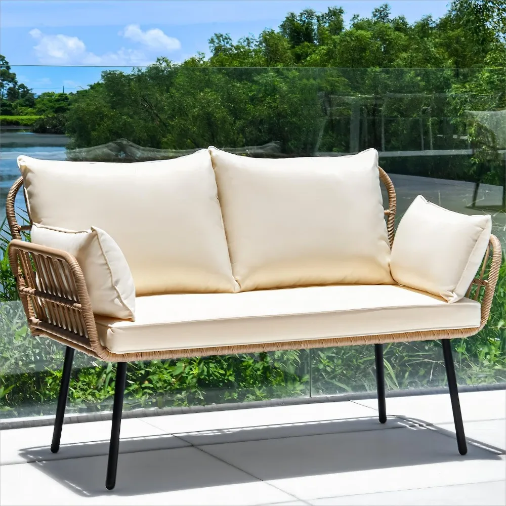 Love Seat Patio Sofa, All-Weather Wicker Loveseat Patio Sectional Furniture with Cushions & Lumbar Pillows, Outdoor Patio