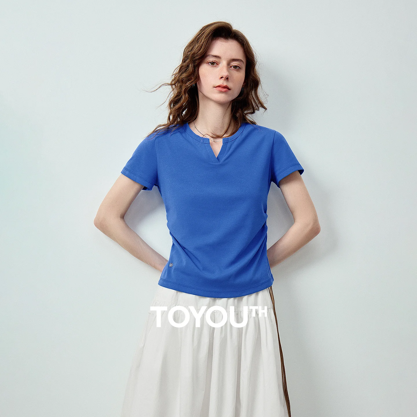 TOYOUTH Women Stretch Cotton T-Shirt 2026 Summer New Slim Fit V Neck Shirred Waist Klein Blue Casual Tops