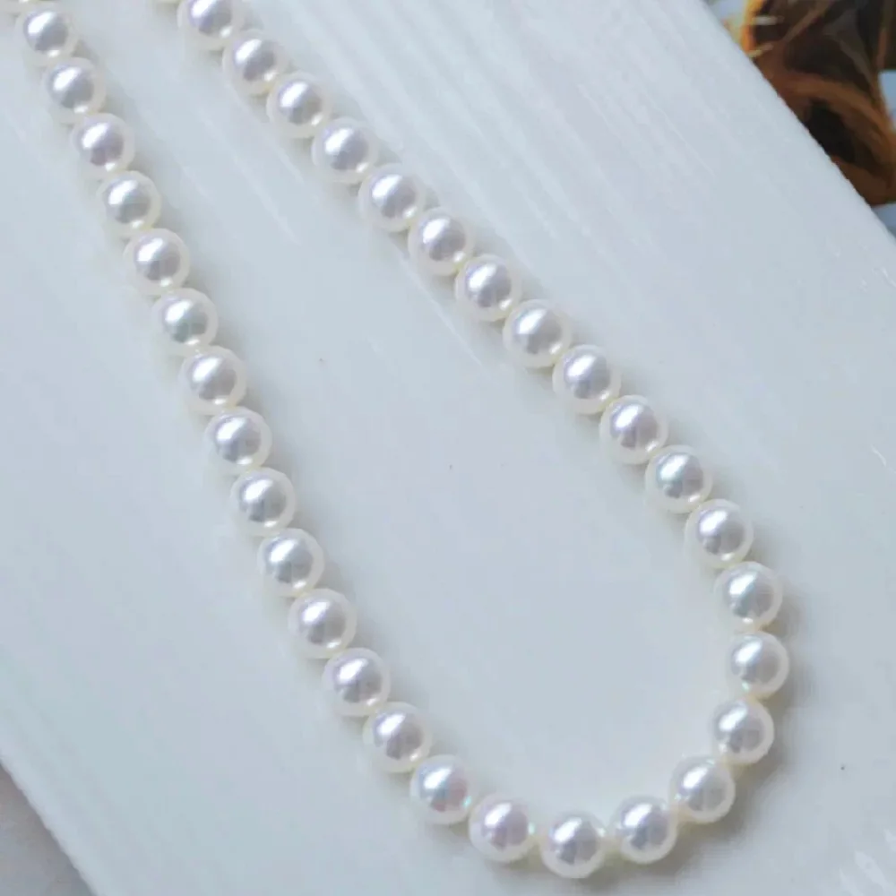 New necklace AAAA8-9mm/9-10mm natural white pearl necklace 18in-925s button