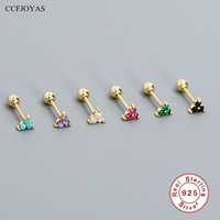 CCFJOYAS 100% 925 Sterling Silver Clover Stud Earrings for Girl Women Multicolor Zircon Lucky Small ear bone Piercing Earrings