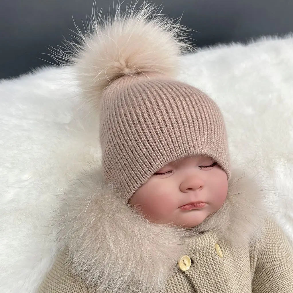 MISSJANEFUR 2022 Newborn Knitted Hats Soft Warm Angora Kids Boy Girl Fur Pom Pom Hat Cute Baby Toddler Beanies Kid Bonnet Caps