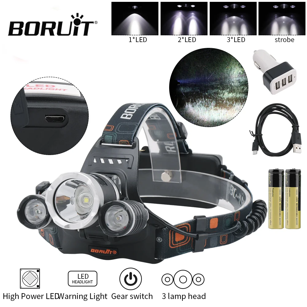 BORUiT RJ-3000 5000LM Headlight 4 Modes 18650 400M Long Range Headlamp USB Rechargeable Waterproof  Camping Emergency Light