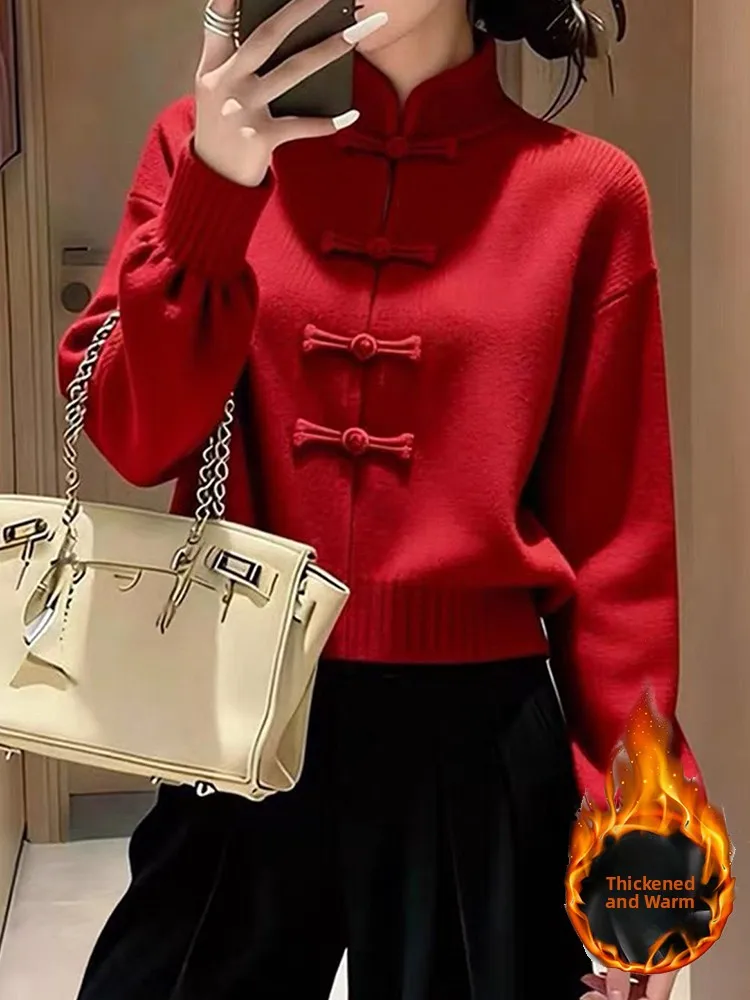 

Вязаный свитер с воротником-стойкой для женщин, с узлом, новогодняя красная серия, модный, весенне-осенний, во французском стиле