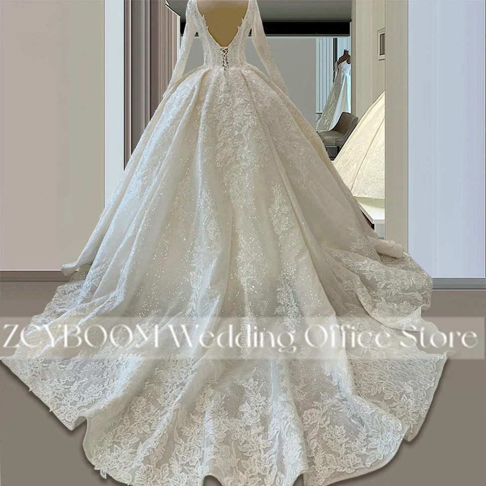 Elegant V-Neck Ball Gown Wedding Dresses 2026 Long Sleeves Glitter Tulle Backless Bridal Gowns With Court Train Vestido De Noiva