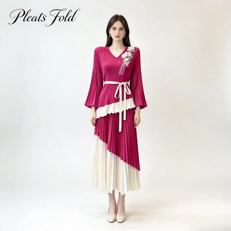 Women's Dress Set 2026 Heavy Craft V-Neck Color-Block Waist-Cinching Top with 3D Appliques and Irregular Large Hem Pleated Set
