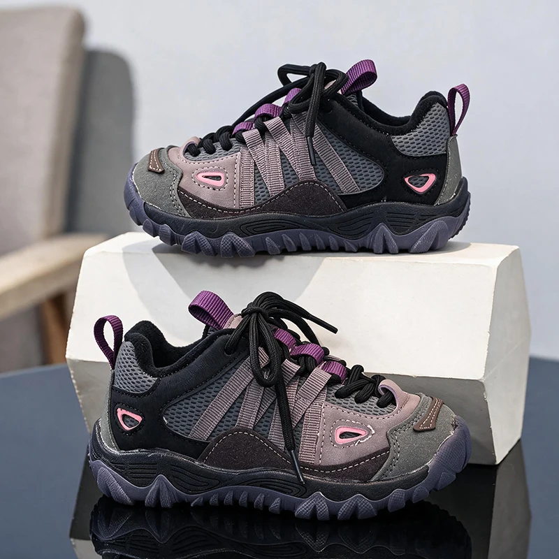Girls Winter Hiking Shoes Retro Color Block Kids Outdoor Trekking Sneakers Anti Slip Thick Sole Warm Children Walking Shoes