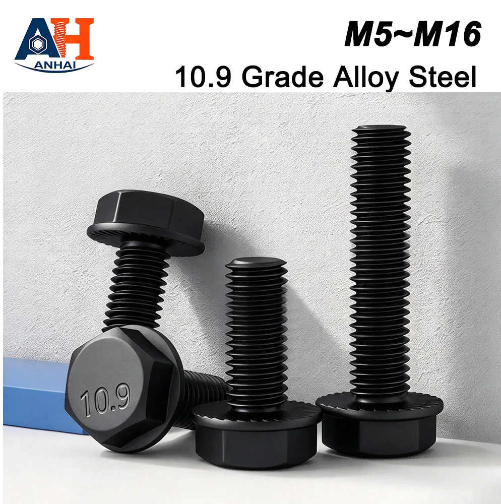 2/5/10Pcs M5 M6 M8 M10 M12 M14 M16 10.9 Grade Alloy Steel Hex Flange Bolts GB5789 Serrated Anti Loosening Fasteners